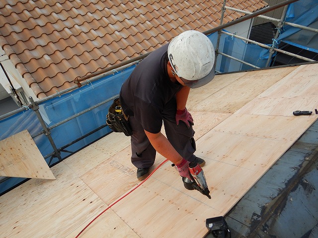 構造用合板の固定の様子