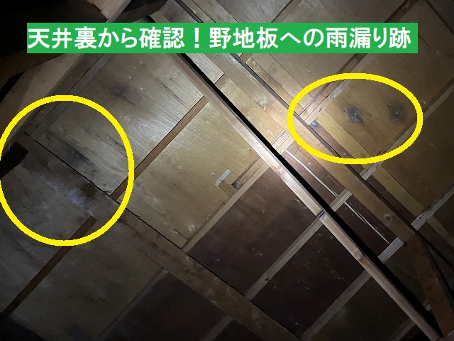 屋根裏から確認した野地板への雨漏り跡