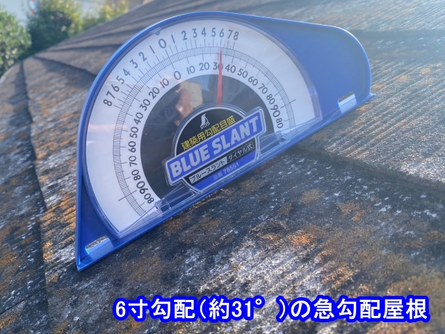 簡易勾配計で計測し6寸勾配の指針