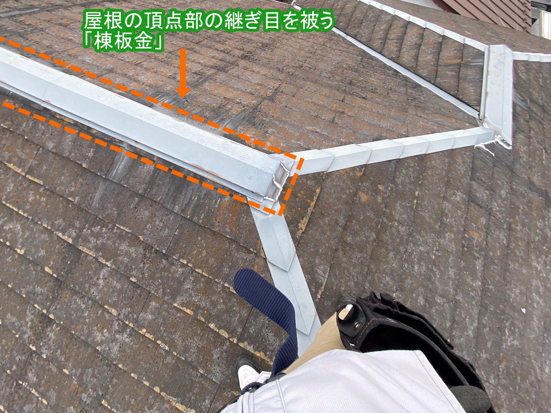 屋根の頂点部の継ぎ目を被う「棟板金」