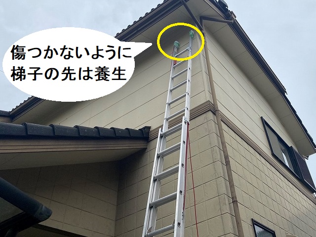 梯子の先端に養生し、外壁が傷つかないように梯子を設置