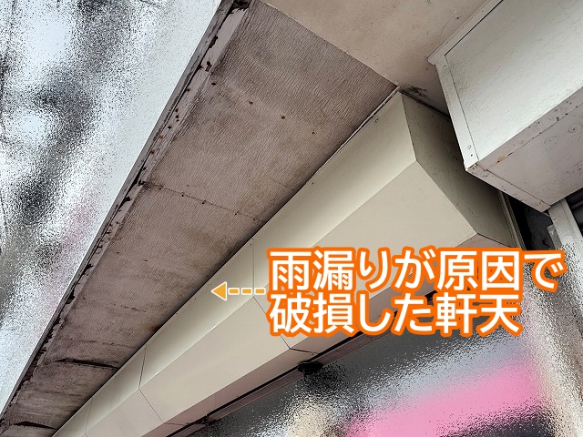 雨漏りが原因で破損した庇屋根の軒天