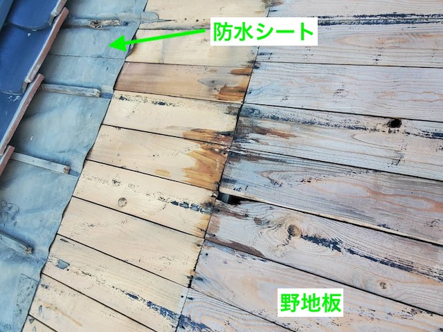 防水シートを剥くと、ザラの野地板に漏水の跡