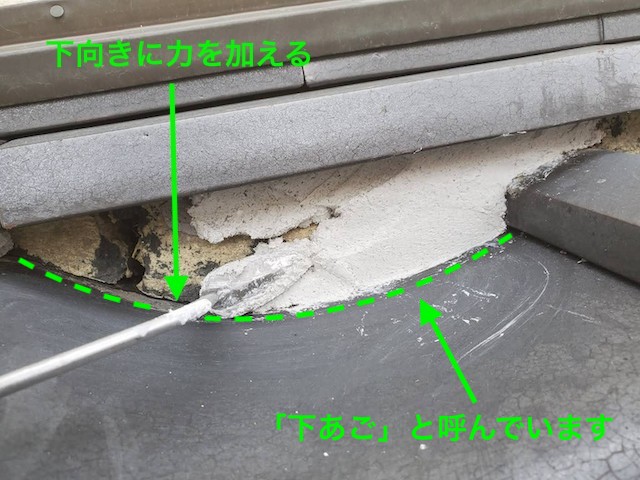 下顎（半端瓦）側に押し付けながら漆喰を塗布