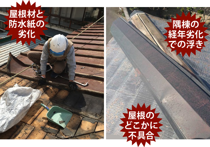 屋根のどこかに不具合があるか確認する風景