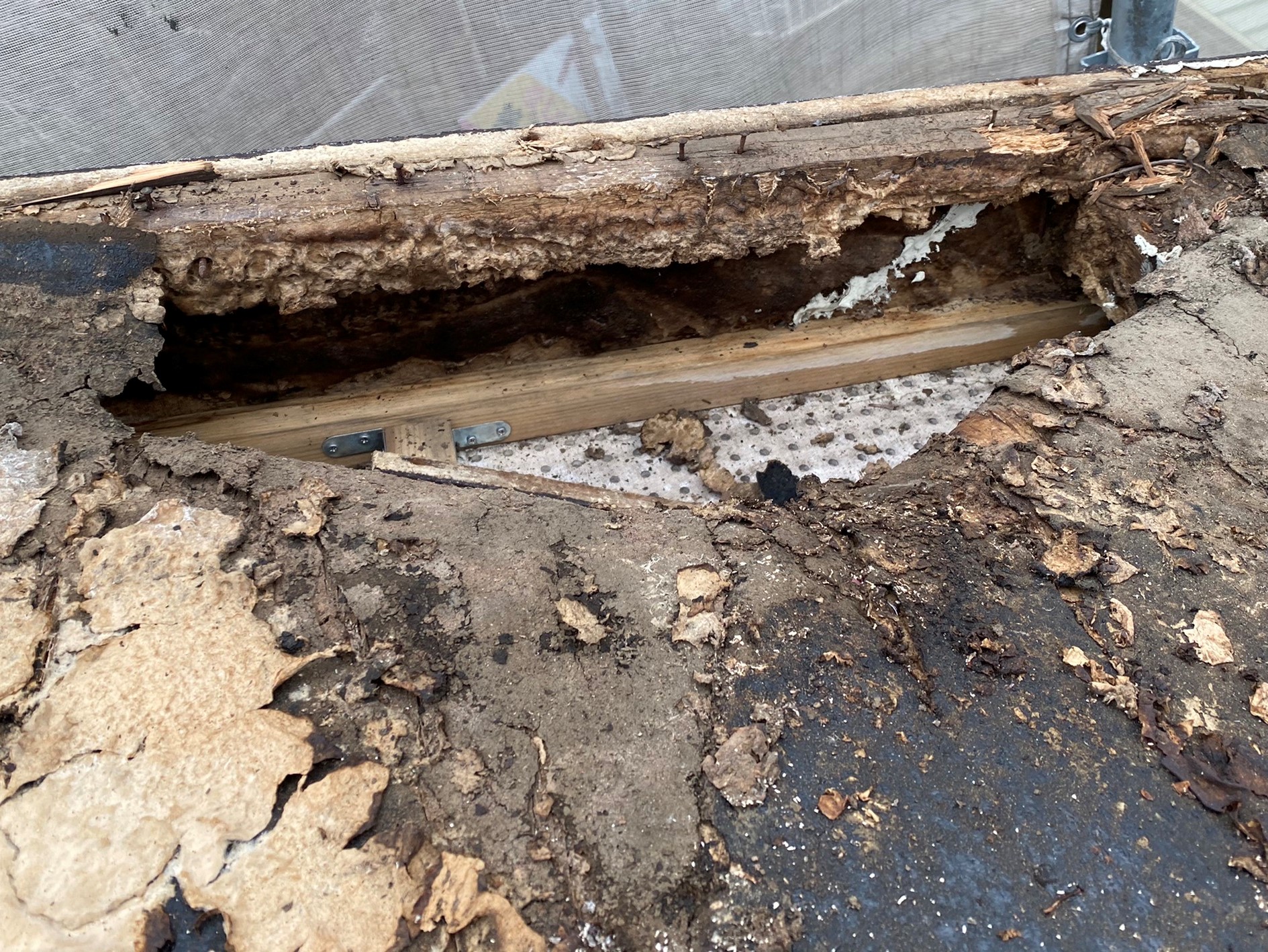 漏水により腐食していた屋根下地の骨組み