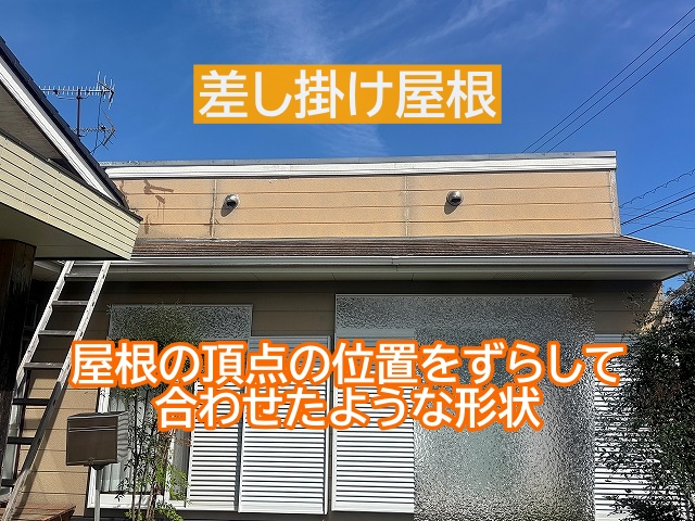 屋根の頂点の位置をずらして合わせたような形状の差し掛け屋根
