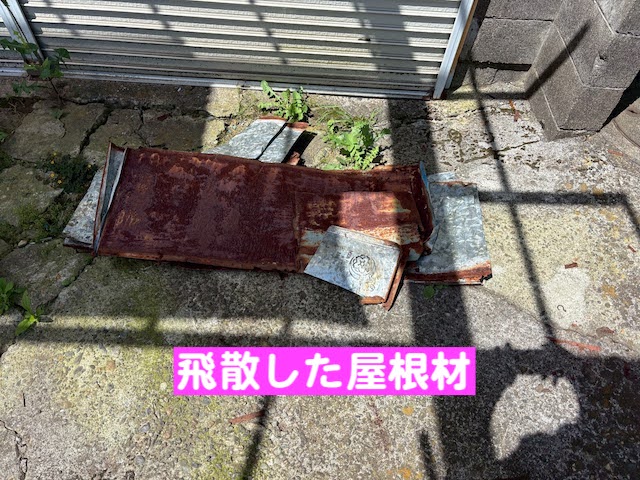 水戸市　台風でトタン屋根がめくれた現場調査　飛散した屋根材の写真