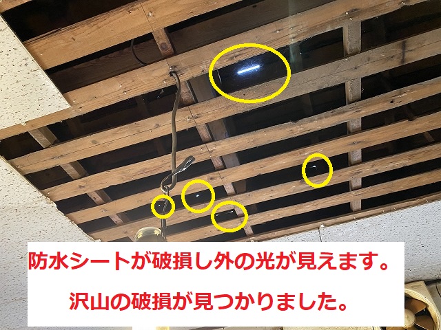 天井材を撤去すると屋根部から光が見える