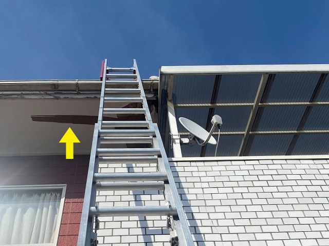 梯子を架けて上がる途中にも軒天破損