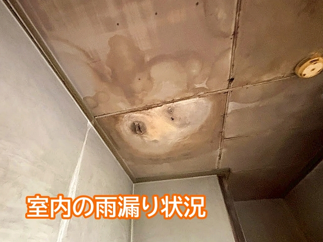 室内の天井に広がった長年の雨漏り跡