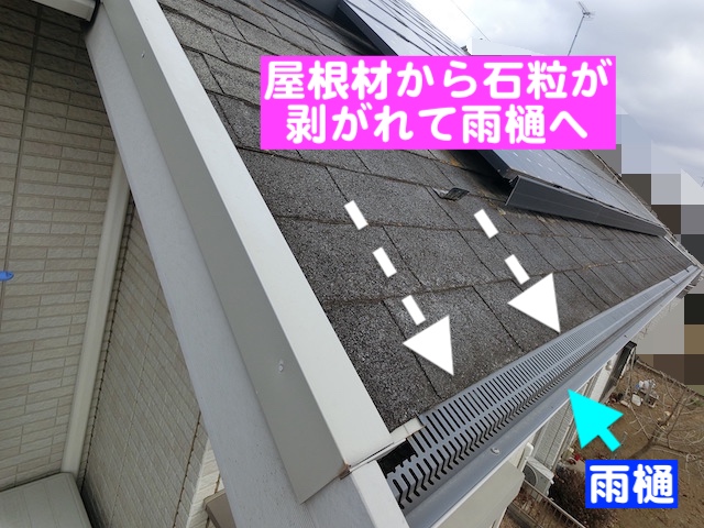 ひたちなか市　雨樋の石粒をサービス清掃　屋根と雨樋の位置関係の写真