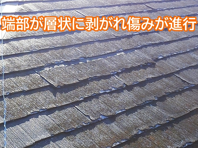 屋根材の端部が層状に剥がれ素材自体の傷みが進行