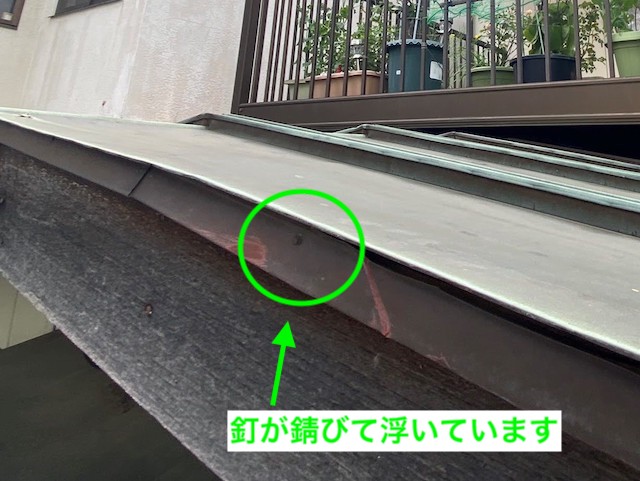 ケラバ水切りの留め具である釘が浮いている