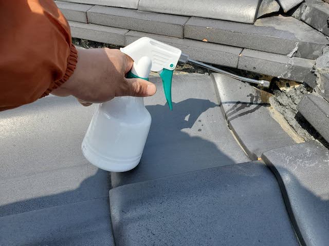 霧吹きで漆喰塗布面に接着剤を散布