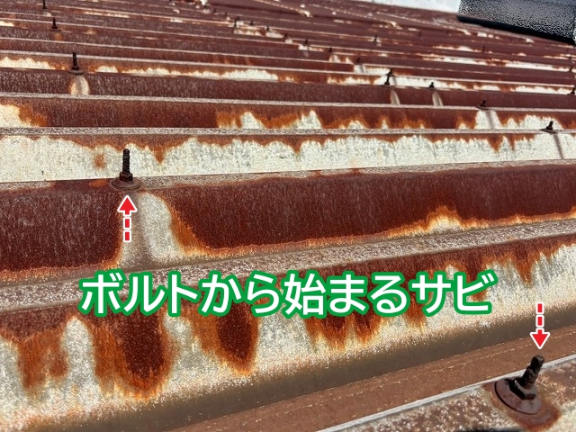 ボルト部分からサビが始める折板屋根