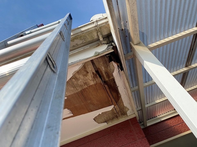軒天材の剥がれと穴も確認