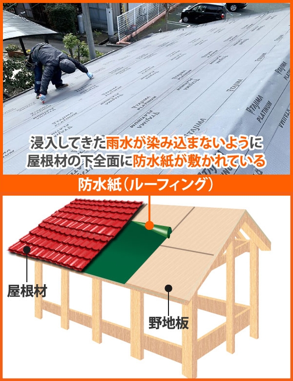 屋根材の下全面に敷かれたルーフィング