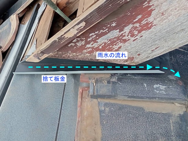 棟違い瓦屋根に設置した捨て水切り