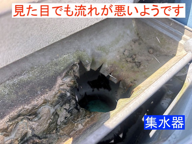 雨水を集める集水器から下に流す部分が詰まっている様子