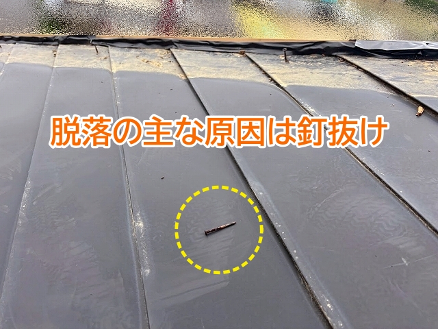 固定していた釘が抜けたことが棟板金脱落の主な原因