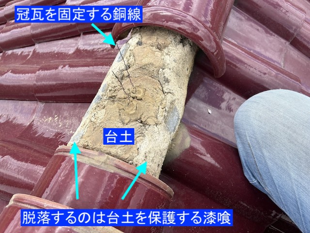 冠瓦を外して棟の状態を確認