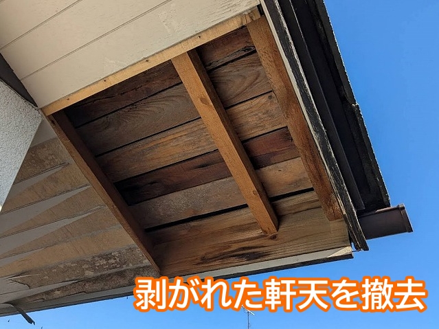 剥がれた軒天を撤去し下地を確認