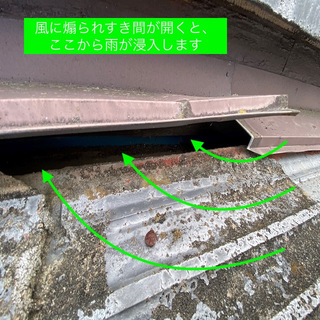 固定力が失われている棟違い下の雨仕舞板金