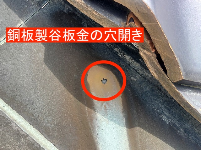緑青に変色した谷板金の縞模様の一部にあいた穴