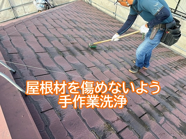 スレートの屋根材を傷めないようデッキブラシで手作業洗浄