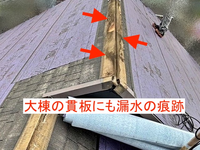 大棟の木製貫板に漏水の痕跡