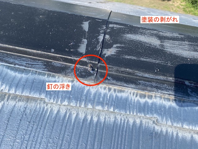 塗膜も剥がれ、釘浮きも発生している棟板金