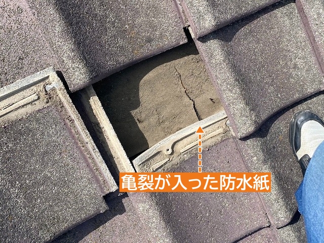 亀裂が入った防水紙