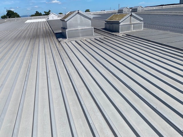 ほぼ傾斜のない金属のタテ葺き屋根