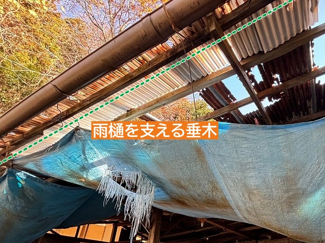 雨樋を支えているのは割れた垂木