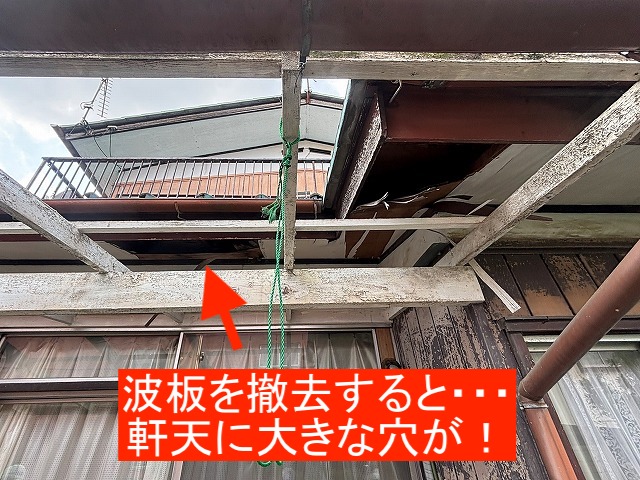 波板を撤去した後軒天にあいた大きな穴を発見