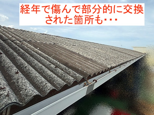 部分的に張り替えられている工場の石綿波型スレート屋根