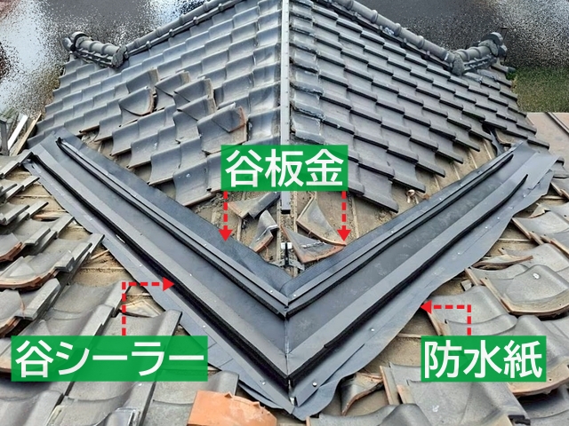 防水紙の上に谷板金を取り付け谷シーラーも設置