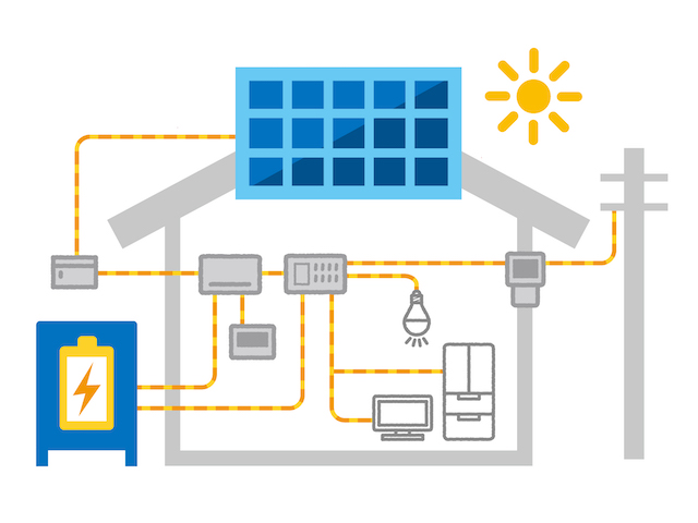 日立市　太陽光付きスレート屋根　蓄電池のある太陽光発電システムの解説図