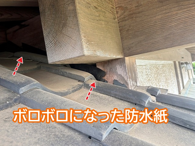 下屋根と壁との取り合いに設置された防水紙が劣化でボロボロ