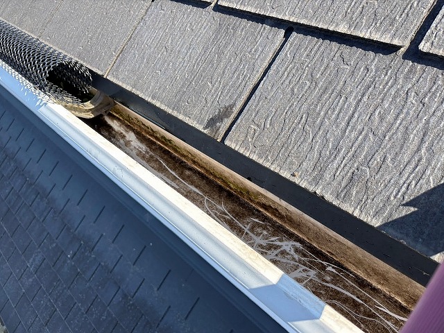 集水器の周辺に溜まった雨樋の泥を撤去