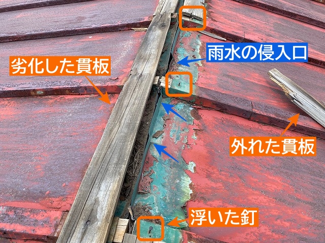 トタン屋根損傷が激しい棟周り