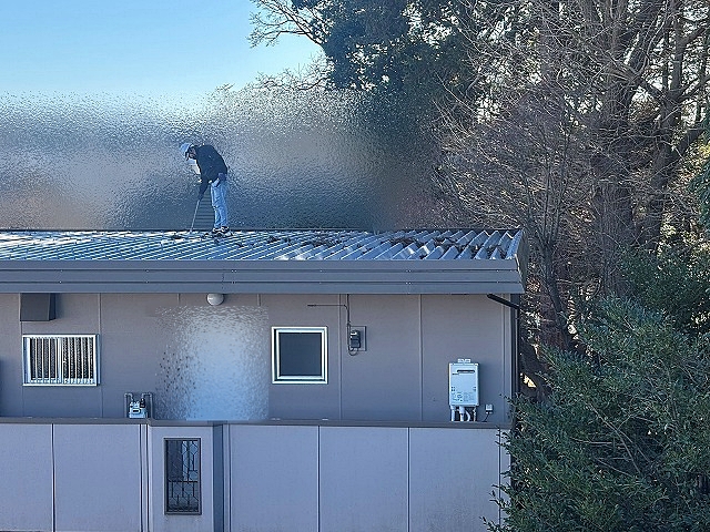 折板屋根に溜まった枯れ枝葉を清掃中