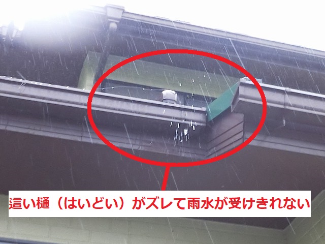 這い樋が溢れる雨水