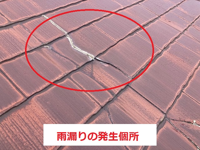 天井に発生した雨漏り箇所の屋根材の亀裂