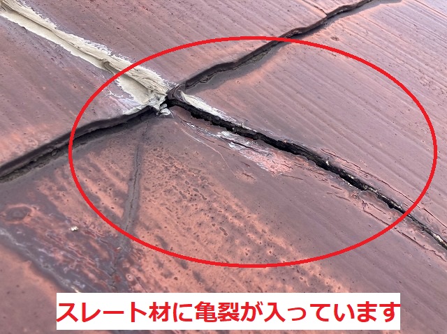 天井に発生した雨漏り箇所の屋根材の亀裂のアップ写真