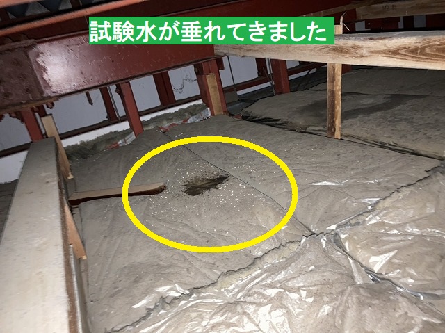天井裏に試験水が垂れてきました