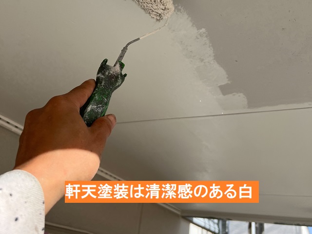 清潔感のある白で軒天塗装を行う職人
