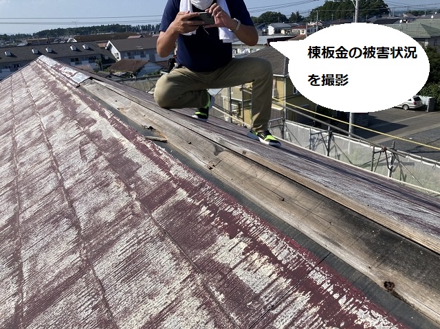 棟板金の被害状況をスマートフォンで撮影するスタッフ