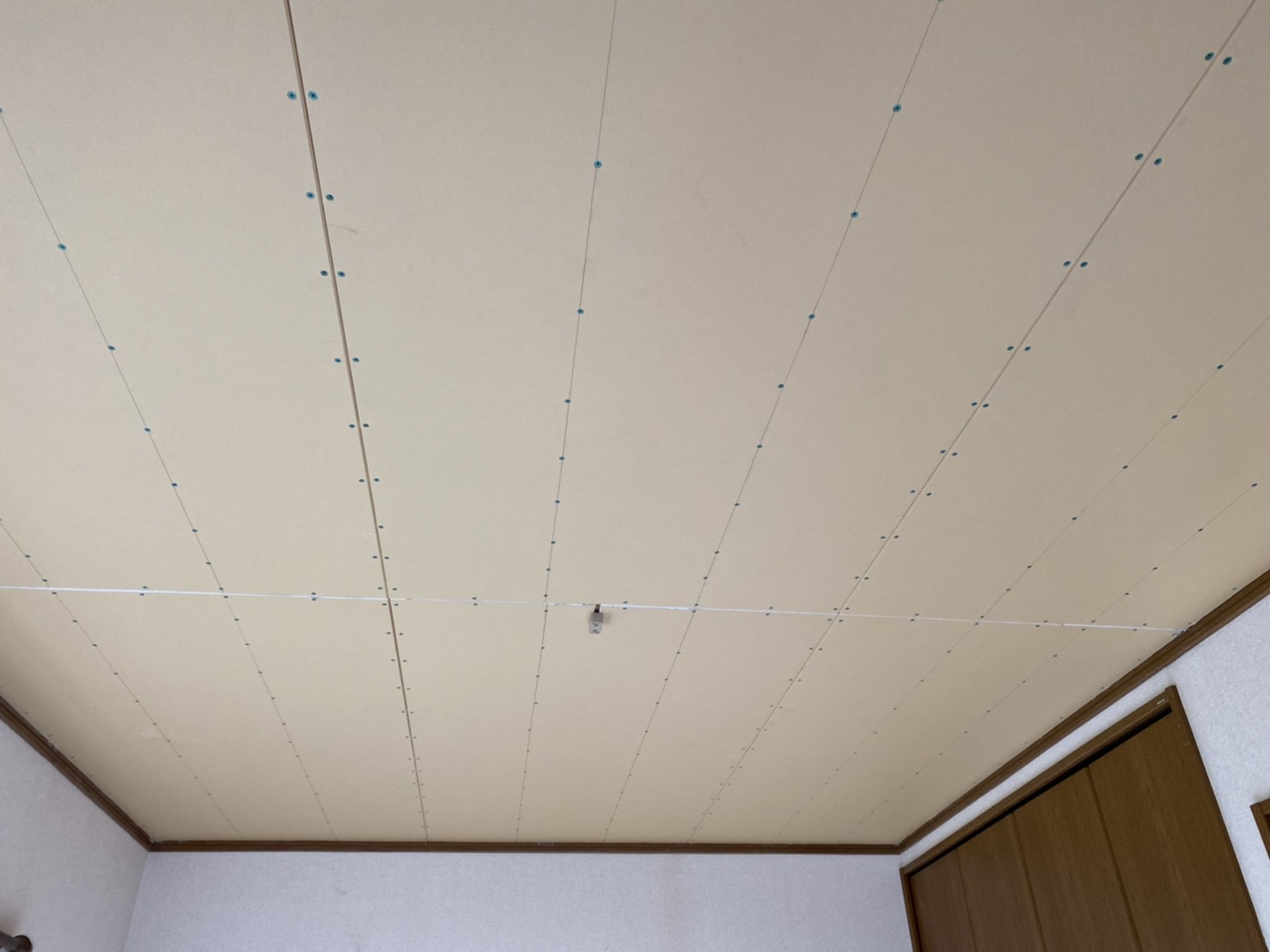 新しい天井ボードが全面に貼られて洋室
